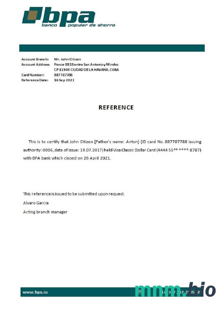 Cuba Banco Popular De Ahorro przykład odniesienia zamknięcia w formatach Word i PDF